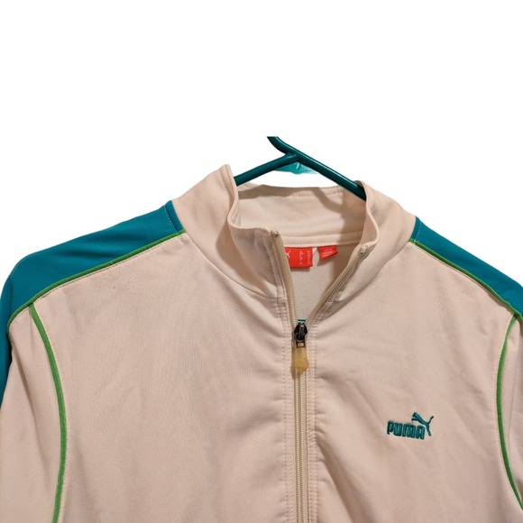 Vintage Zip Up Puma Track Jacket White with Teal/Green Striped Sleeves. Men's M - Picture 6 of 8